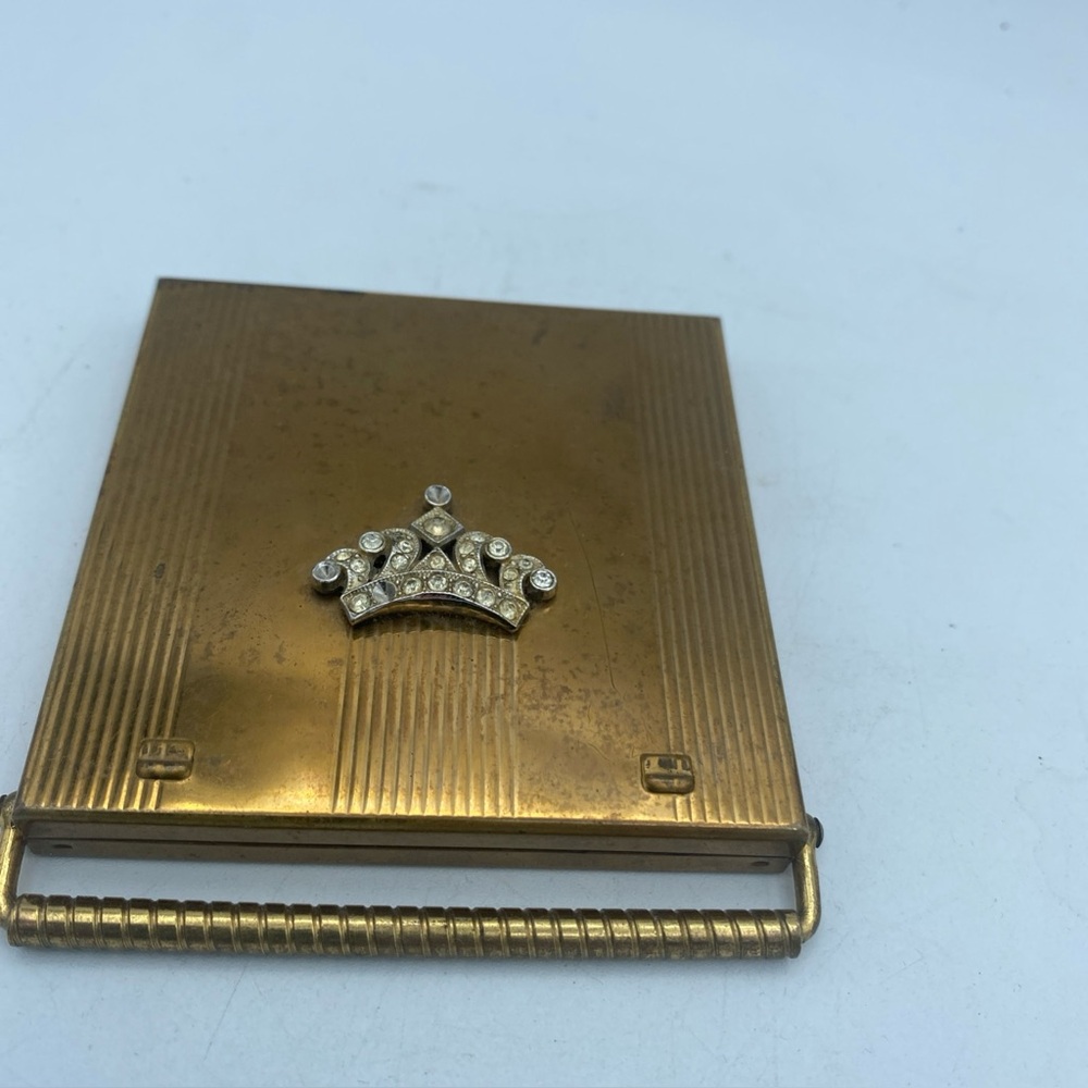 VTG Brass Volupte USA Art Deco Mirrored Compact crown missing Rhinestones